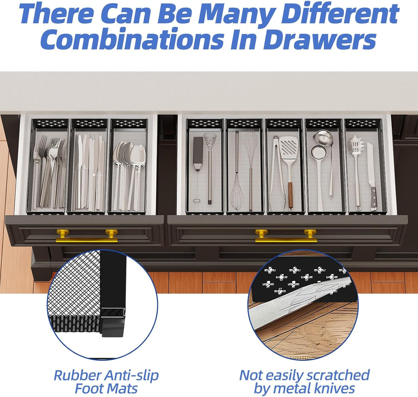 Silverware Drawer Organizer, 8 Pack Utensil Organizer for Kitchen Drawers, Metal Storage for Spoons Forks Knives (12.2 * 3.2 * 2.1 Inches, Black)