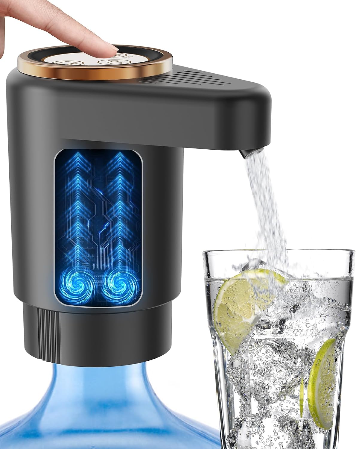 Water Jug Pump for 5 Gallon Bottle – Portable Electric USB-C Charging Dispenser, Dual Powerful Motors, Fast Flow, Fits 2-5 Gallon Jugs – Ideal for Home, Office, Camping, RV, Dark Black