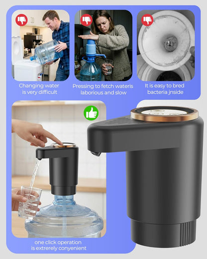 Water Jug Pump for 5 Gallon Bottle – Portable Electric USB-C Charging Dispenser, Dual Powerful Motors, Fast Flow, Fits 2-5 Gallon Jugs – Ideal for Home, Office, Camping, RV, Dark Black
