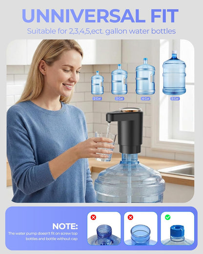 Water Jug Pump for 5 Gallon Bottle – Portable Electric USB-C Charging Dispenser, Dual Powerful Motors, Fast Flow, Fits 2-5 Gallon Jugs – Ideal for Home, Office, Camping, RV, Dark Black