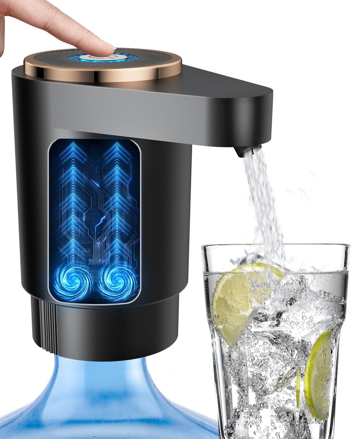 Water Jug Pump for 5 Gallon Bottle – Portable Electric USB-C Charging Dispenser, Dual Powerful Motors, Fast Flow, Fits 2-5 Gallon Jugs – Ideal for Home, Office, Camping, RV, Dark Black