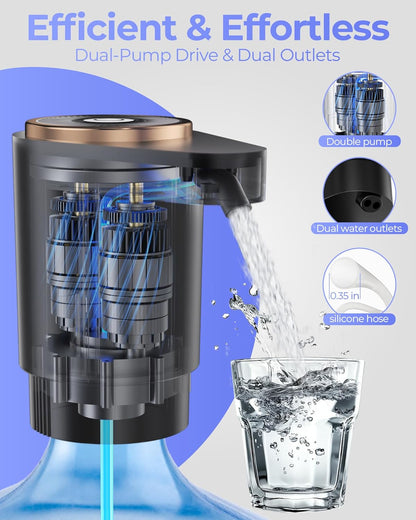 Water Jug Pump for 5 Gallon Bottle – Portable Electric USB-C Charging Dispenser, Dual Powerful Motors, Fast Flow, Fits 2-5 Gallon Jugs – Ideal for Home, Office, Camping, RV, Dark Black