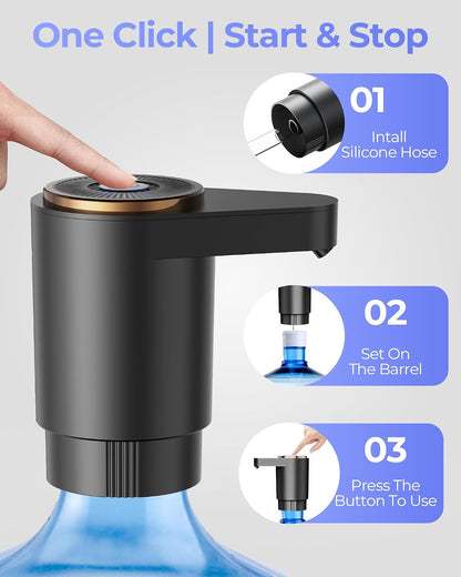 Water Jug Pump for 5 Gallon Bottle – Portable Electric USB-C Charging Dispenser, Dual Powerful Motors, Fast Flow, Fits 2-5 Gallon Jugs – Ideal for Home, Office, Camping, RV, Dark Black