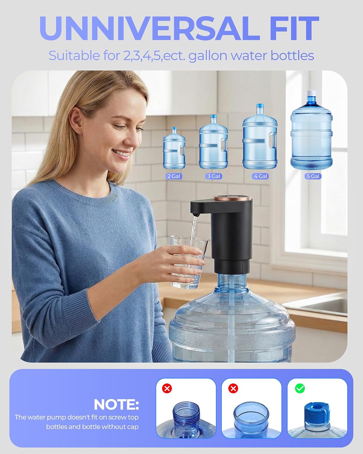 Water Jug Pump for 5 Gallon Bottle – Portable Electric USB-C Charging Dispenser, Dual Powerful Motors, Fast Flow, Fits 2-5 Gallon Jugs – Ideal for Home, Office, Camping, RV, Dark Black