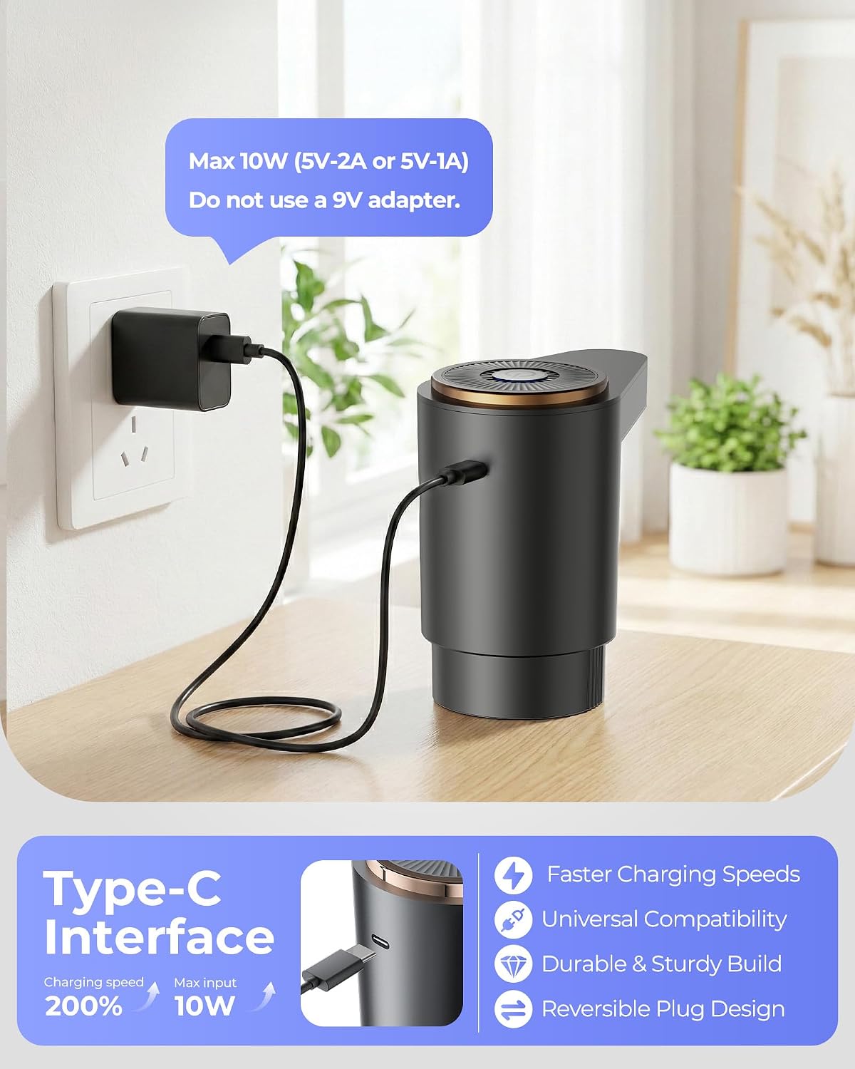 Water Jug Pump for 5 Gallon Bottle – Portable Electric USB-C Charging Dispenser, Dual Powerful Motors, Fast Flow, Fits 2-5 Gallon Jugs – Ideal for Home, Office, Camping, RV, Dark Black