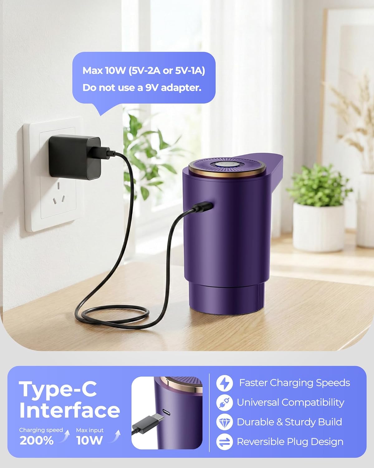 Water Jug Pump for 5 Gallon Bottle – Portable Electric USB-C Charging Dispenser, Dual Powerful Motors, Fast Flow, Fits 2-5 Gallon Jugs – Ideal for Home, Office, Camping, RV, Dark Black