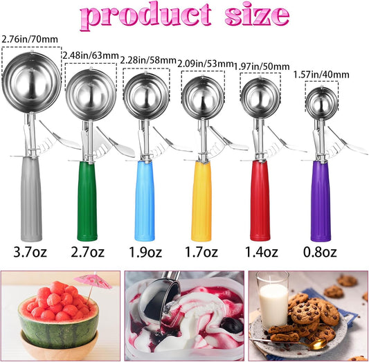 6 Pcs Ice Cream Scoops, Cookie Scoops for Baking Stainless Steel Ice Cream Scoop Cookie Dough Scoop Scooper 1.57" to 2.76" Portion Scooper Cupcake Food Batter Meatball (0.8-3.7oz)