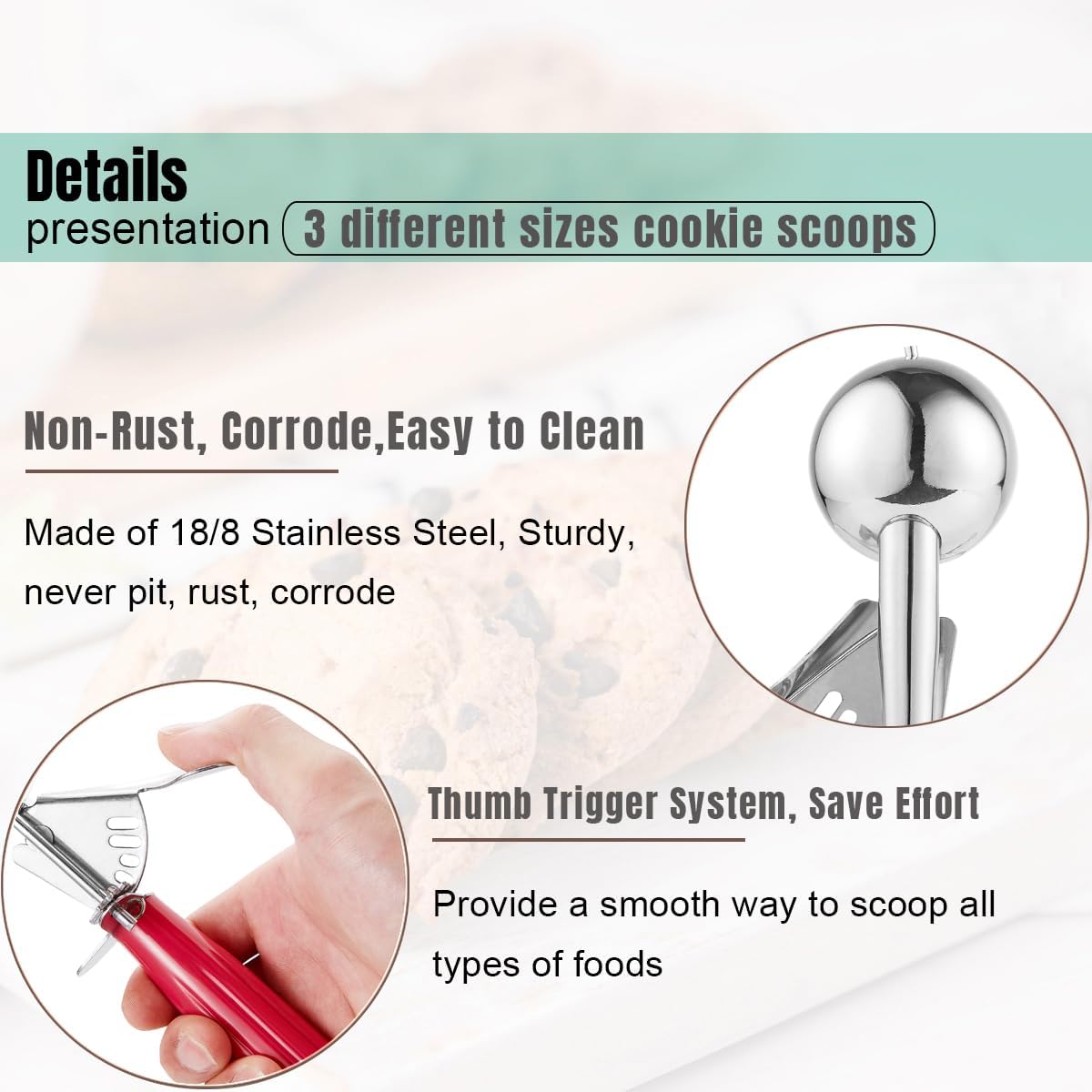 Cookie Scoop Set, Ice Cream Scoop Set, Cookie Scoops for Baking, Multiple Size Large-Medium-Small Size Disher, Professional 18/8 Stainless Steel Cupcake Scoop