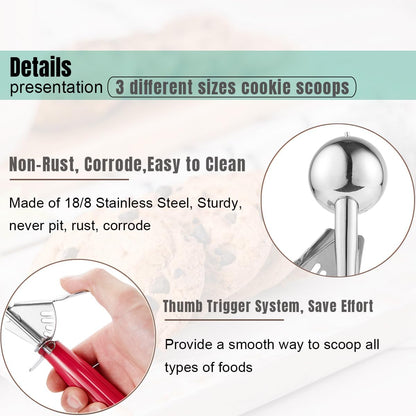Cookie Scoop Set, Ice Cream Scoop Set, Cookie Scoops for Baking, Multiple Size Large-Medium-Small Size Disher, Professional 18/8 Stainless Steel Cupcake Scoop