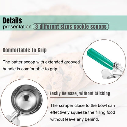 Cookie Scoop Set, Ice Cream Scoop Set, Cookie Scoops for Baking, Multiple Size Large-Medium-Small Size Disher, Professional 18/8 Stainless Steel Cupcake Scoop