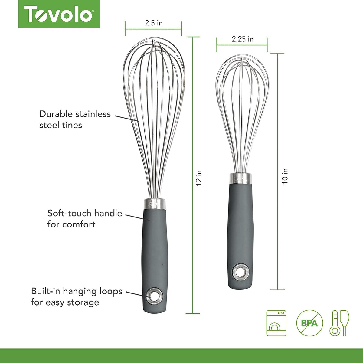Wire Whisk Set of 2 for Baking Cooking Mixing Whisking, 10" & 12" Inch Stainless Steel Wire Kitchen Whisk Set Balloon Design Sturdy Comfort Grip Handle BPA Free Dishwasher Safe, Charcoal Gray