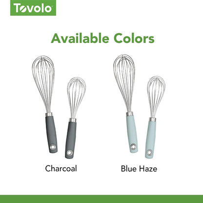 Wire Whisk Set of 2 for Baking Cooking Mixing Whisking, 10" & 12" Inch Stainless Steel Wire Kitchen Whisk Set Balloon Design Sturdy Comfort Grip Handle BPA Free Dishwasher Safe, Charcoal Gray