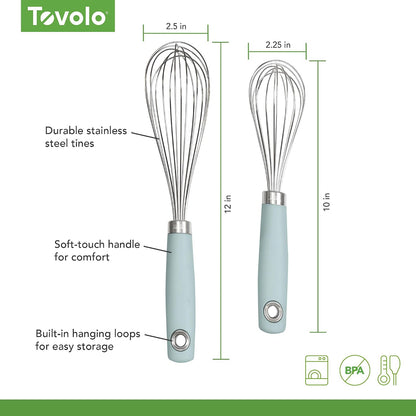 Wire Whisk Set of 2 for Baking Cooking Mixing Whisking, 10" & 12" Inch Stainless Steel Wire Kitchen Whisk Set Balloon Design Sturdy Comfort Grip Handle BPA Free Dishwasher Safe, Charcoal Gray