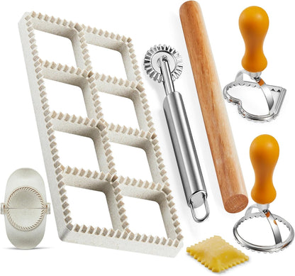 Ravioli Maker Press, Ravioli Cutter & Mold Set, Round, Heart & Square | Ravioli press kit with 3 shaped molds, wood rolling pin, pasta cutter wheel, 2.6-inch empanada maker and dough mat.