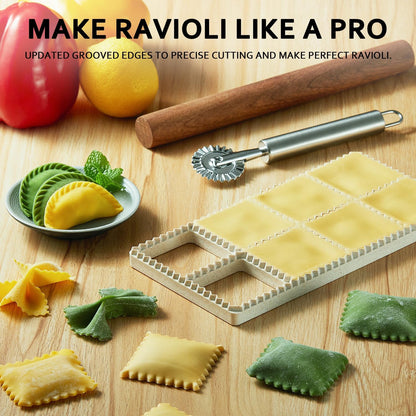 Ravioli Maker Press, Ravioli Cutter & Mold Set, Round, Heart & Square | Ravioli press kit with 3 shaped molds, wood rolling pin, pasta cutter wheel, 2.6-inch empanada maker and dough mat.