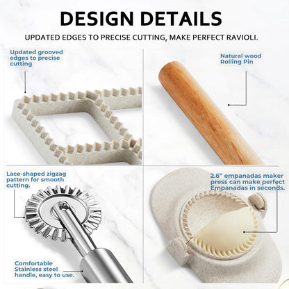 Ravioli Maker Press, Ravioli Cutter & Mold Set, Round, Heart & Square | Ravioli press kit with 3 shaped molds, wood rolling pin, pasta cutter wheel, 2.6-inch empanada maker and dough mat.