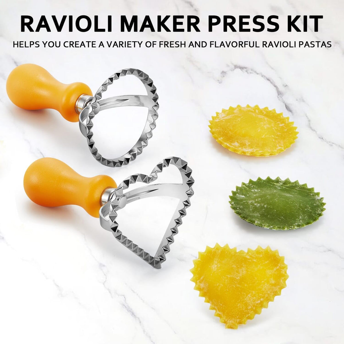 Ravioli Maker Press, Ravioli Cutter & Mold Set, Round, Heart & Square | Ravioli press kit with 3 shaped molds, wood rolling pin, pasta cutter wheel, 2.6-inch empanada maker and dough mat.