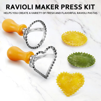 Ravioli Maker Press, Ravioli Cutter & Mold Set, Round, Heart & Square | Ravioli press kit with 3 shaped molds, wood rolling pin, pasta cutter wheel, 2.6-inch empanada maker and dough mat.