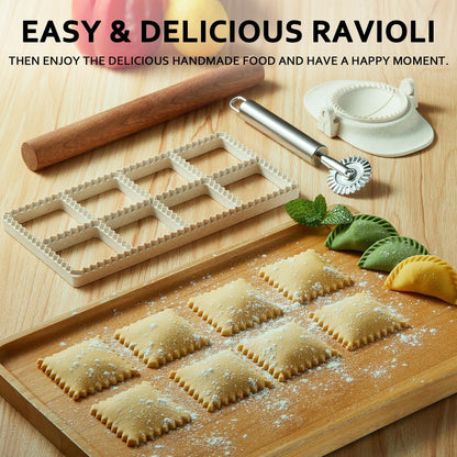 Ravioli Maker Press, Ravioli Cutter & Mold Set, Round, Heart & Square | Ravioli press kit with 3 shaped molds, wood rolling pin, pasta cutter wheel, 2.6-inch empanada maker and dough mat.