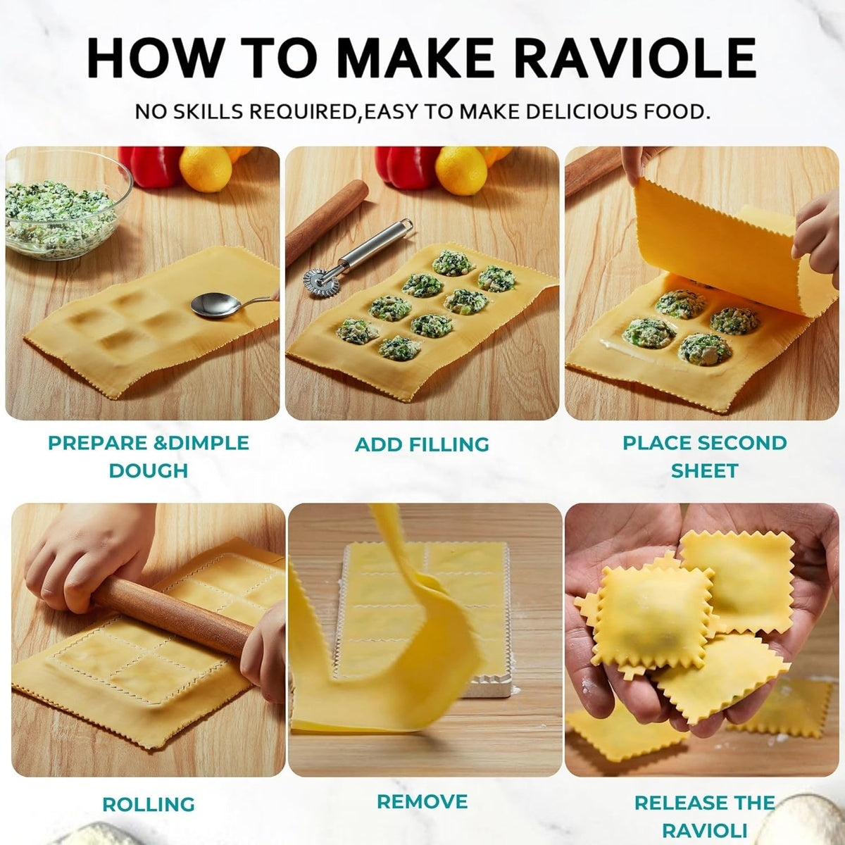 Ravioli Maker Press, Ravioli Cutter & Mold Set, Round, Heart & Square | Ravioli press kit with 3 shaped molds, wood rolling pin, pasta cutter wheel, 2.6-inch empanada maker and dough mat.