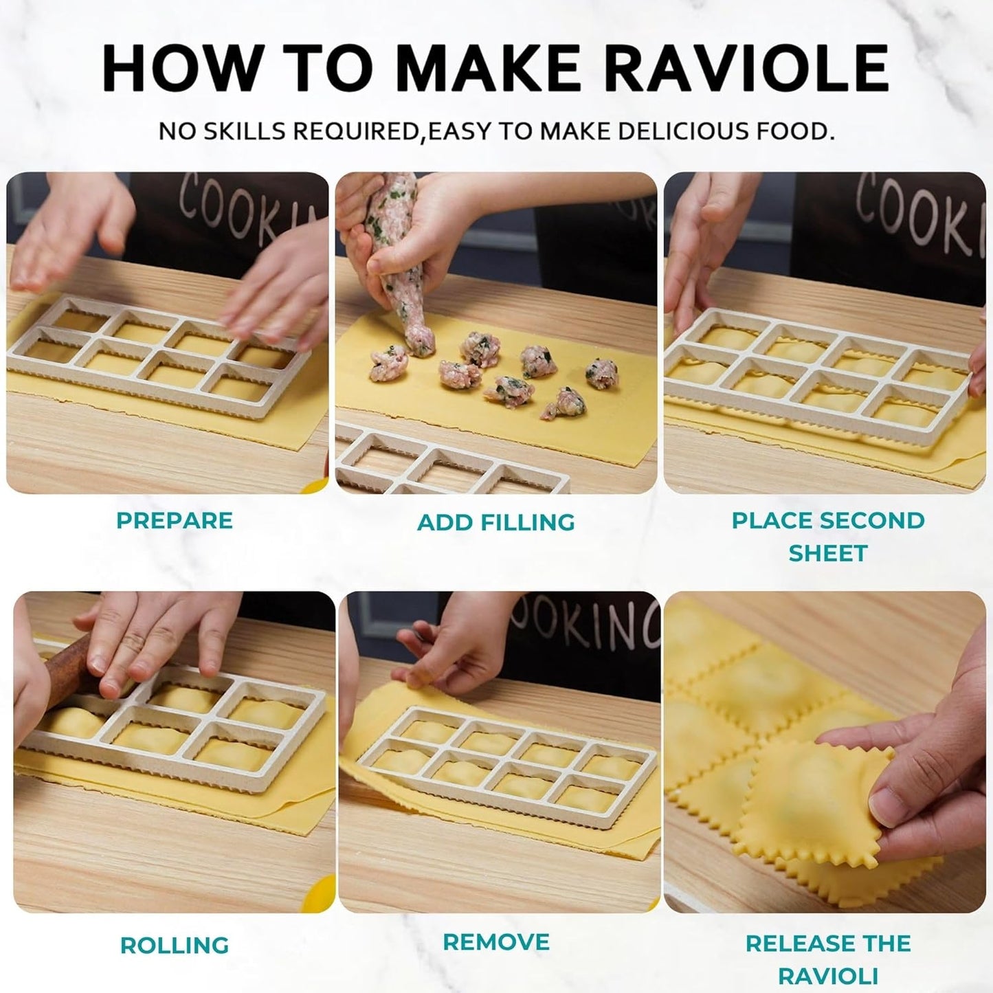 Ravioli Maker Press, Ravioli Cutter & Mold Set, Round, Heart & Square | Ravioli press kit with 3 shaped molds, wood rolling pin, pasta cutter wheel, 2.6-inch empanada maker and dough mat.