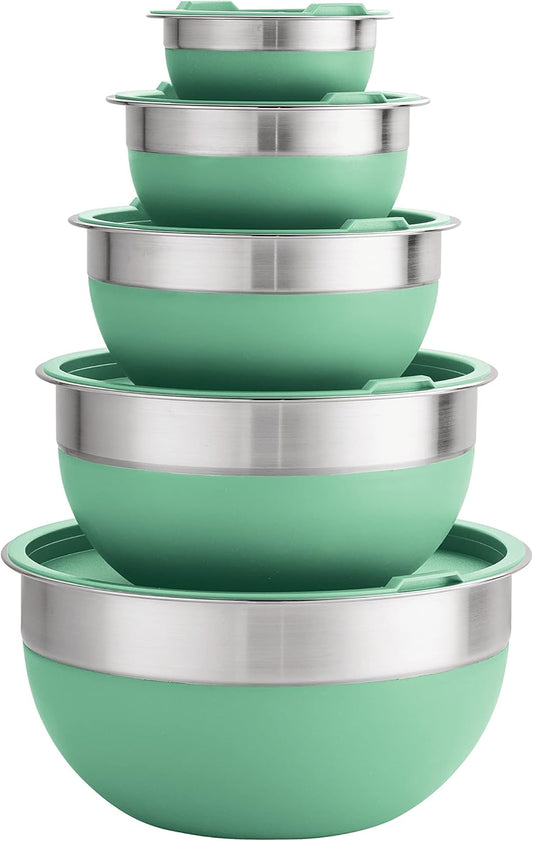 10 Pc Covered Stainless Steel and Silicone Mixing Bowl Set | Mint Green