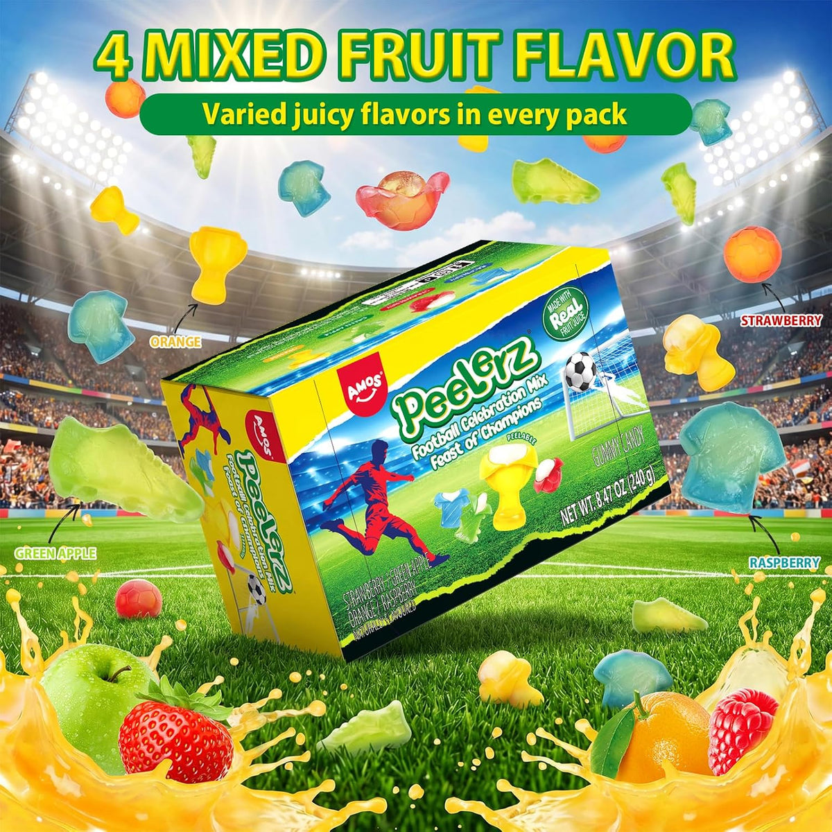 AMOS Peelerz Peelable Gummy Candy Variety Pack, Mango, Grape, Green Apple, Pineapple, Banana & Lemon Flavors, Made with Real Fruit Juice, 6 Bags, 19.22 oz (545 g)