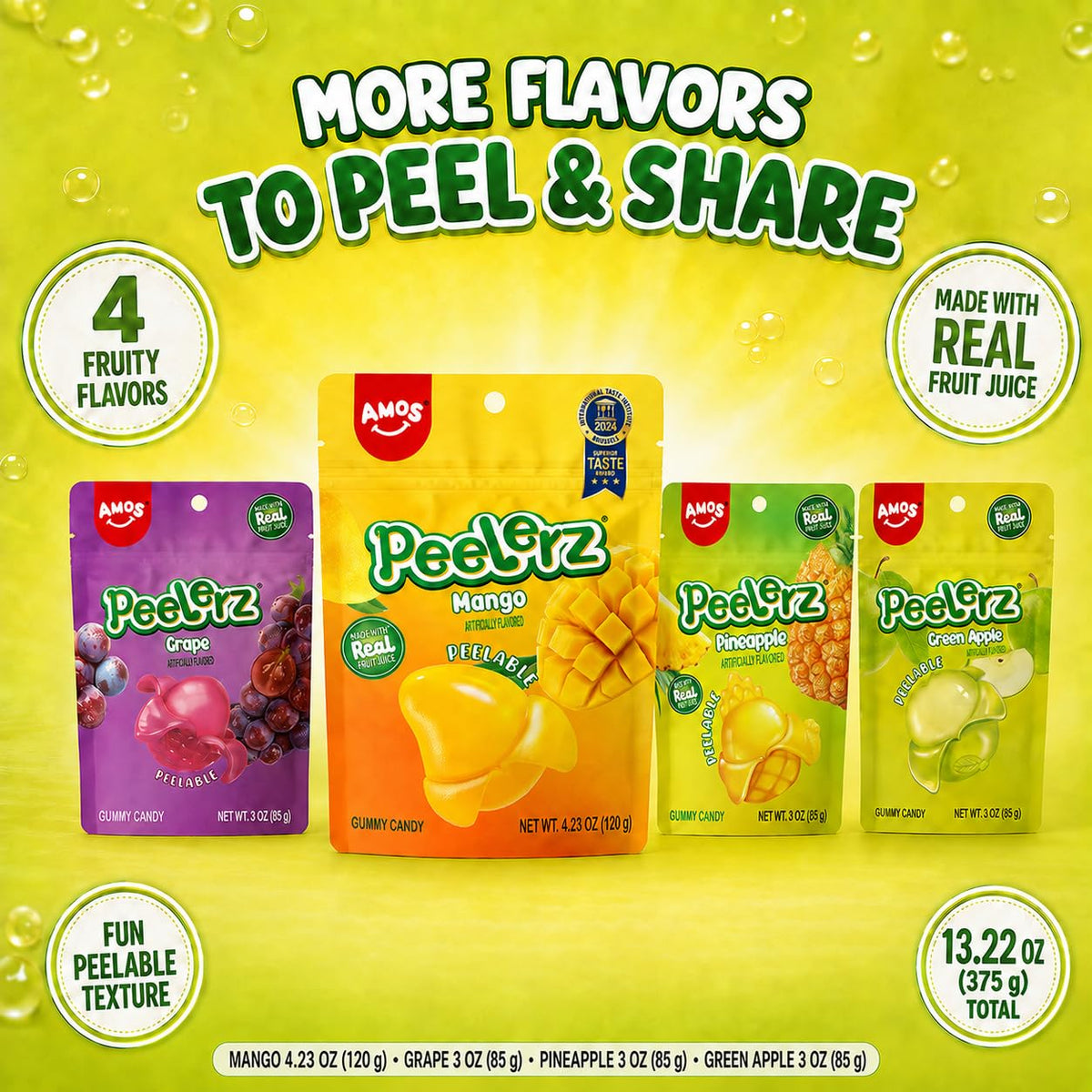 AMOS Peelerz Peelable Gummy Candy Variety Pack, Mango, Grape, Green Apple, Pineapple, Banana & Lemon Flavors, Made with Real Fruit Juice, 6 Bags, 19.22 oz (545 g)