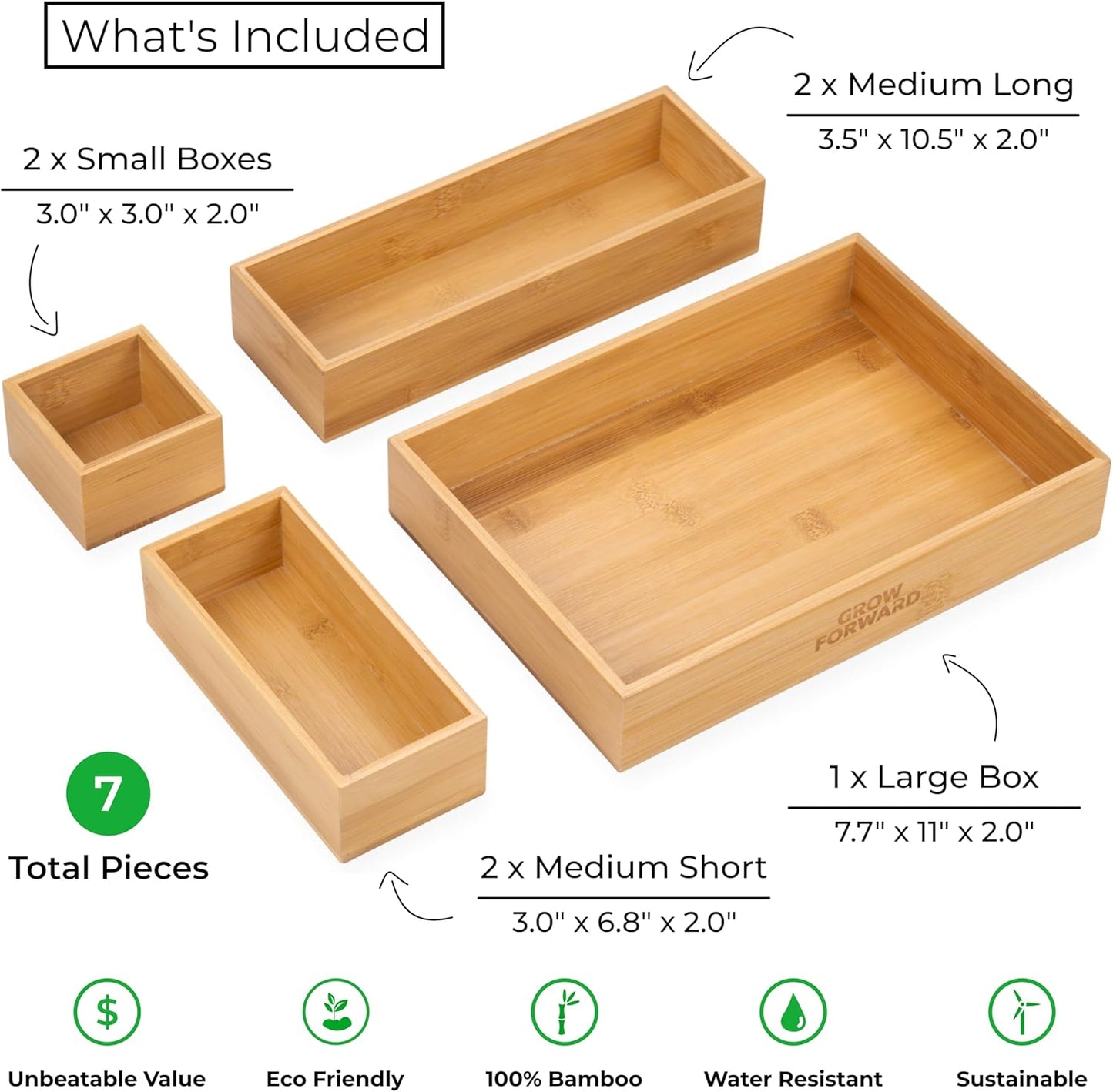 Bamboo Drawer Organizer Boxes - Set of 14 Wooden Drawer Organizers for Kitchen, Bathroom, Office, Desk, Vanity, Makeup - Non-Slip Junk Drawer Organizer Trays for Storage and Organization