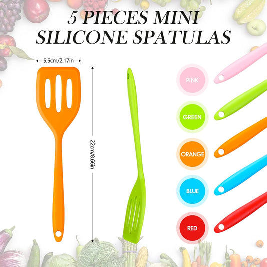 5 Pack Small Silicone Slotted Spatula Turner for Cooking Baking | Mini Rubber Fish Flipper, Slotted Design, Small Pan Fit, Silicone Spatulas Set, Non Stick Safe, Kitchen Utensils tool