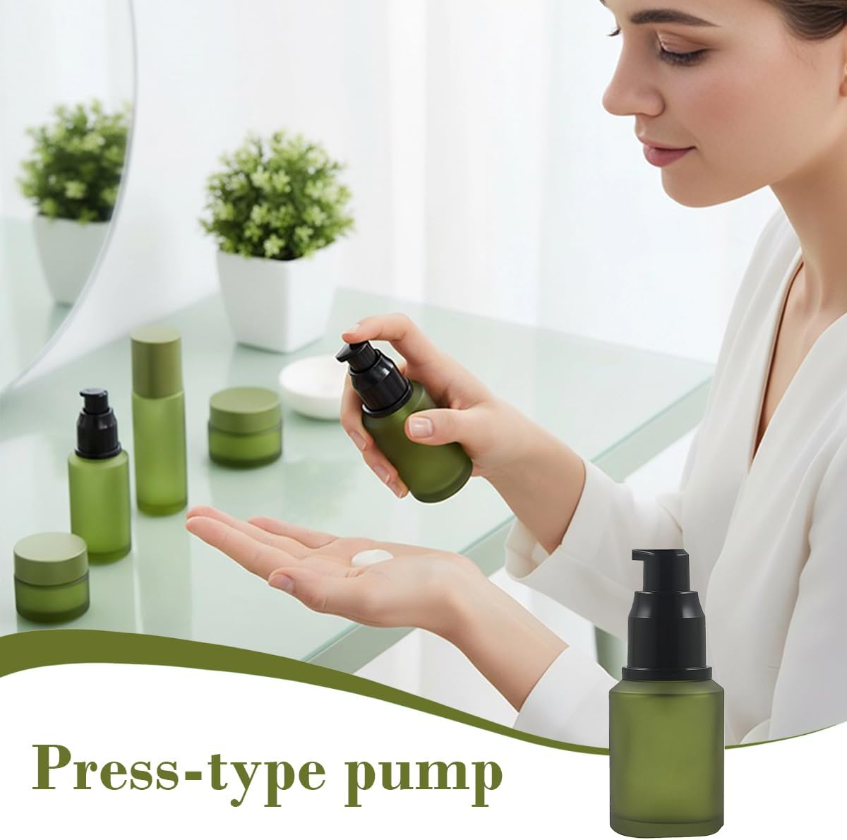 1PCS 60ML/2OZ Empty Refillable Green Frosted Glass Bottles with Pump Vial Cosmetic Dispenser Jars Storage Container Portable Travel Bottle Sample Trial Packing