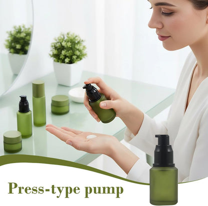 1PCS 60ML/2OZ Empty Refillable Green Frosted Glass Bottles with Pump Vial Cosmetic Dispenser Jars Storage Container Portable Travel Bottle Sample Trial Packing