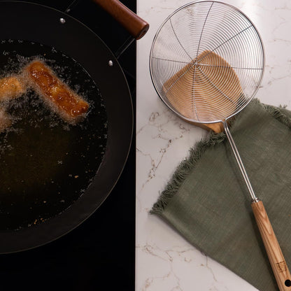 Kitchen Spider Strainer Stainless Steel 5-Inch Wire Basket with Heat-Resistant Bamboo Handle