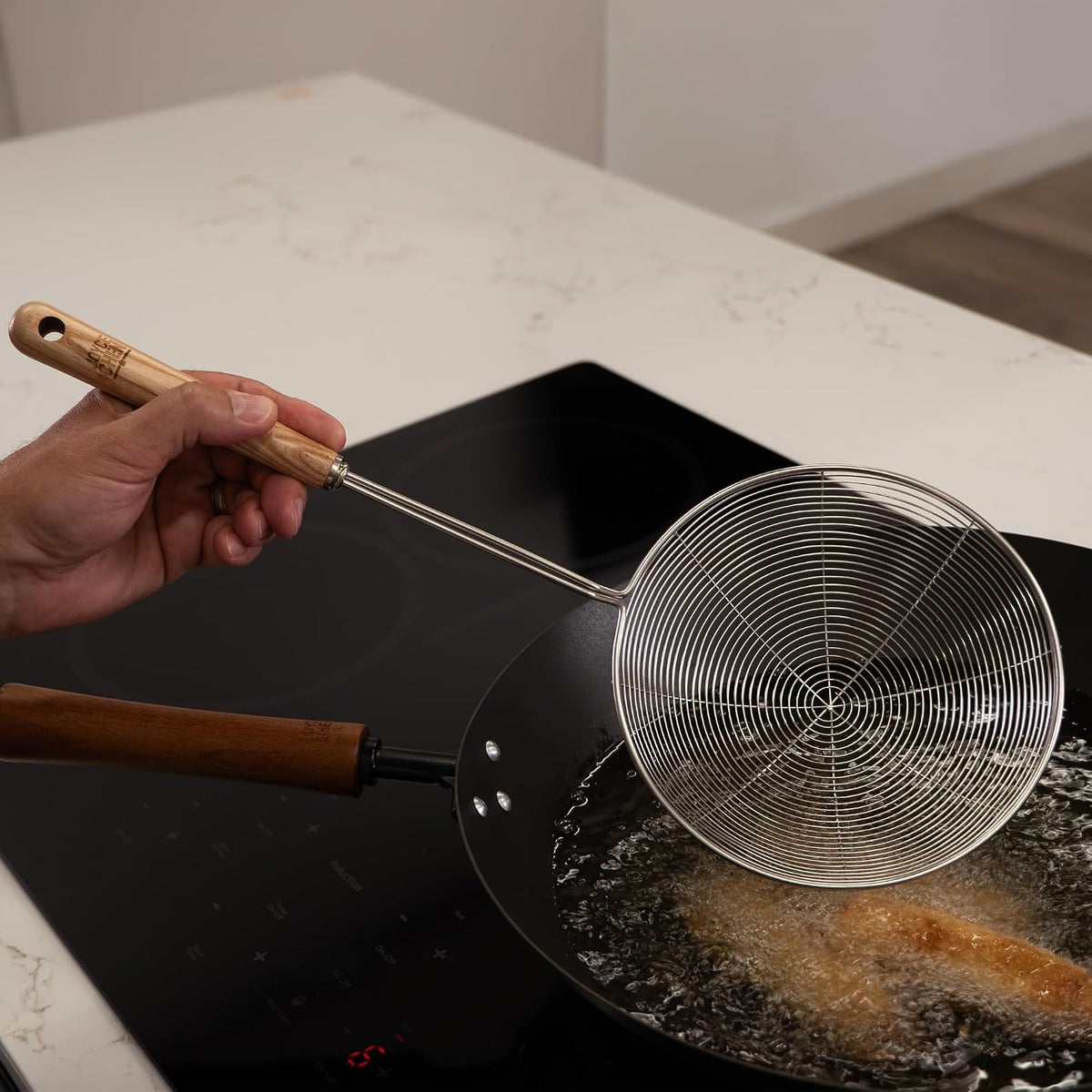 Kitchen Spider Strainer Stainless Steel 5-Inch Wire Basket with Heat-Resistant Bamboo Handle