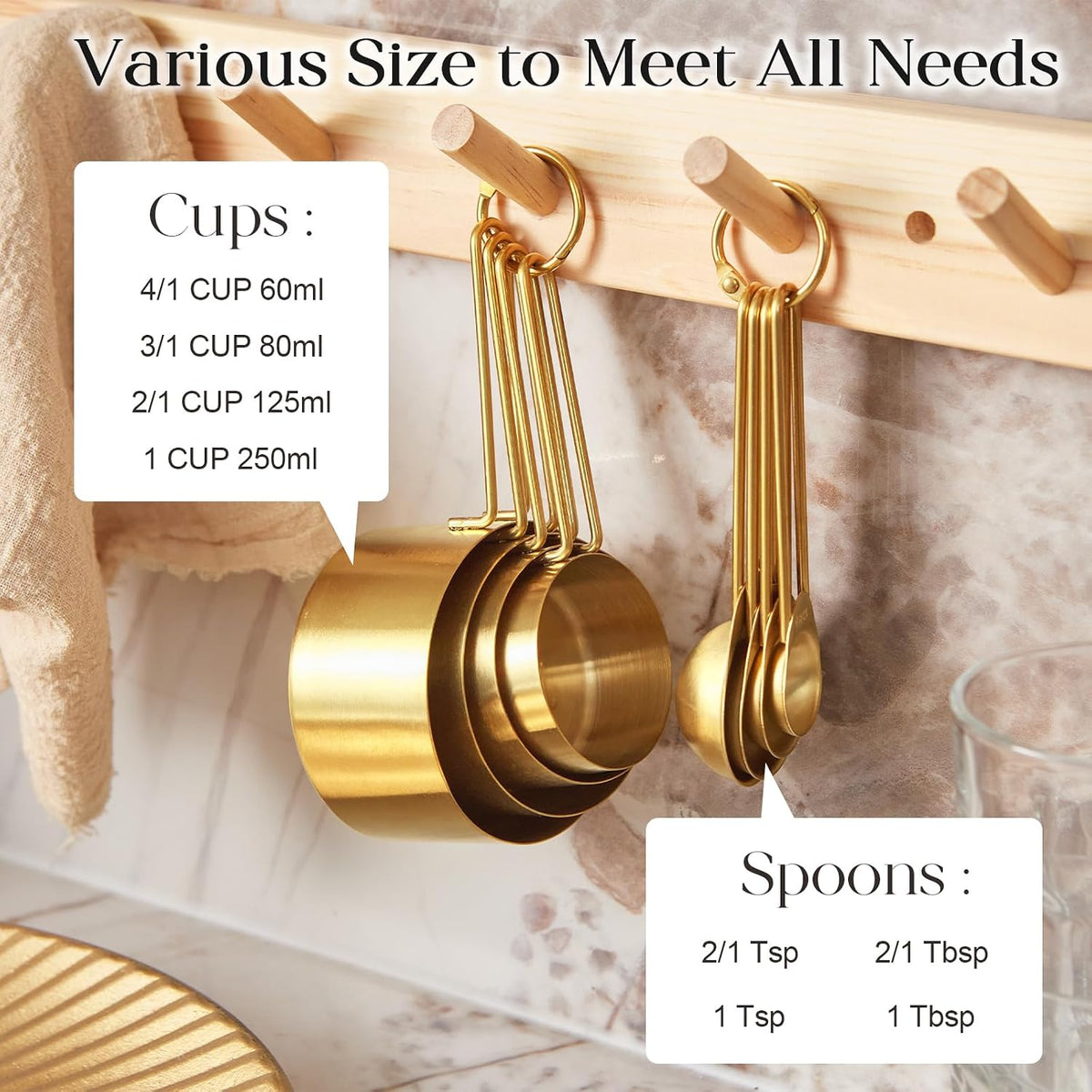 Golden 304 Stainless Steel Measuring Cups and Spoons Set,8PCS Stackable & Long Handle Fits Narrow Jars, Premium Gold Kitchen Accessories for Liquid & Dry Ingredients Baking Cooking, Durable&Rust-Proof