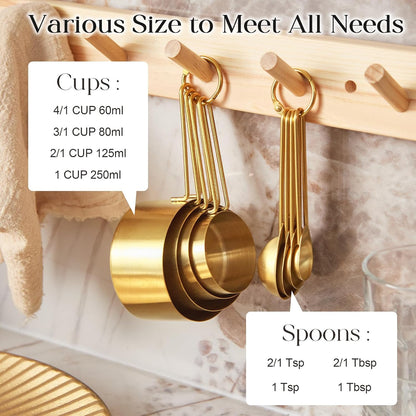 Golden 304 Stainless Steel Measuring Cups and Spoons Set,8PCS Stackable & Long Handle Fits Narrow Jars, Premium Gold Kitchen Accessories for Liquid & Dry Ingredients Baking Cooking, Durable&Rust-Proof