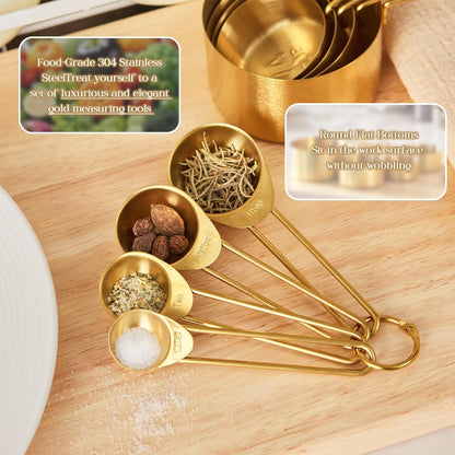Golden 304 Stainless Steel Measuring Cups and Spoons Set,8PCS Stackable & Long Handle Fits Narrow Jars, Premium Gold Kitchen Accessories for Liquid & Dry Ingredients Baking Cooking, Durable&Rust-Proof