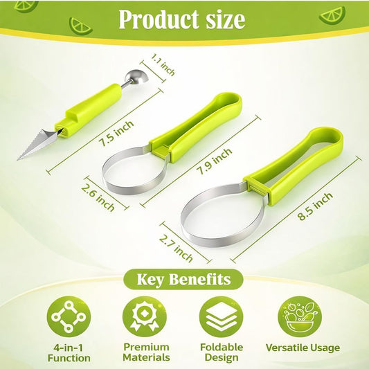 4-in-1 Fruit Baller Set, Stainless Steel Melon Scoop with Green Handle, Watermelon Carving Tool for Kitchen, Professional Fruit Scooper for Cantaloupe and Dragon Fruit