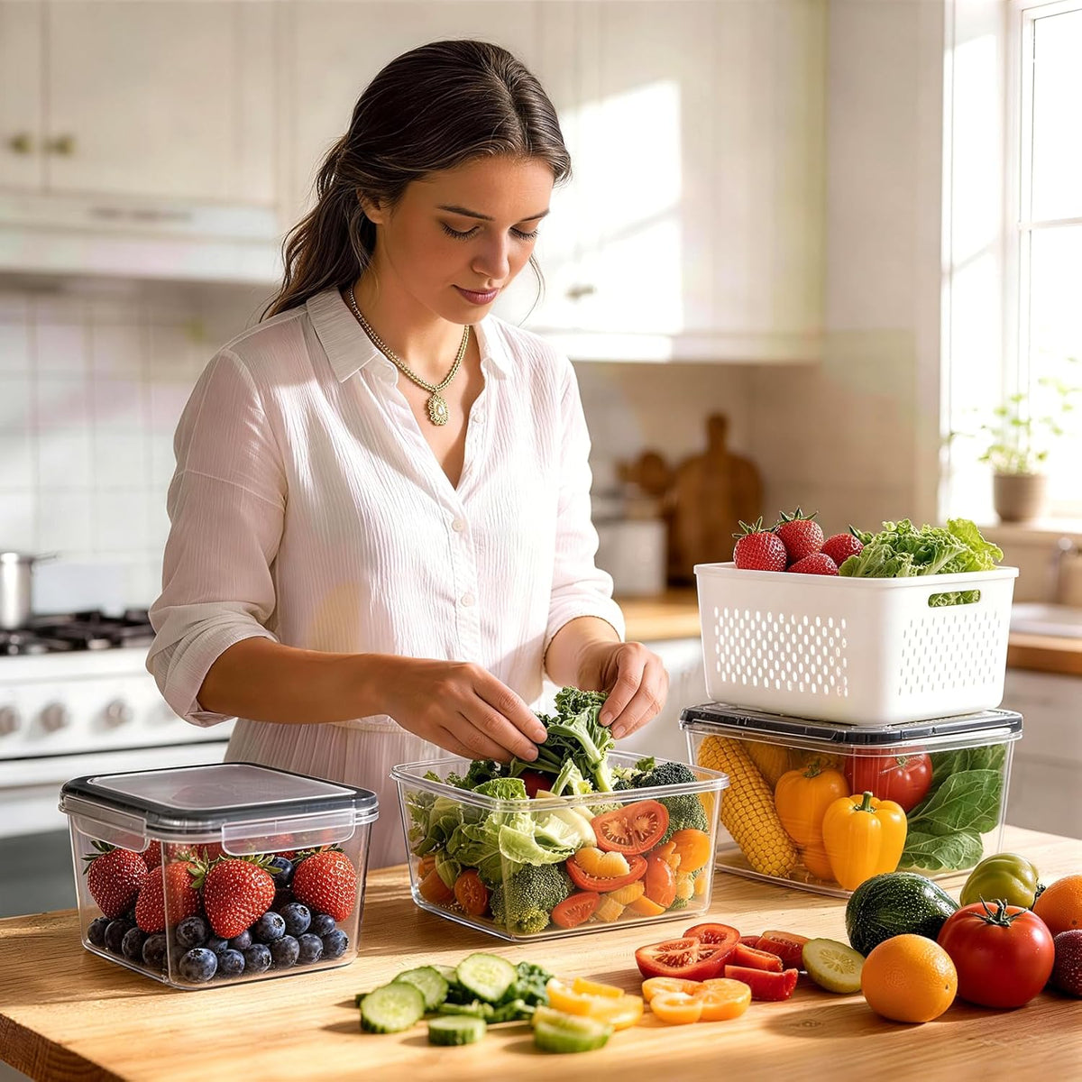 Fruit Storage Containers for Fridge, Plastic Fruit Containers Set