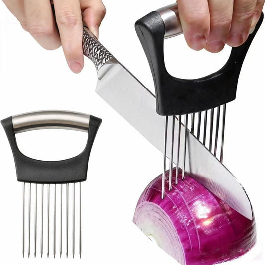 Onion Holder for Slicing - Stainless Steel Vegetable & Fruit Cutter Chopper for Onions,Potatoes, Tomatoes, Avocados, Eggs, Lemon &Meat - Kitchen Slicer Assistant with Neat Guide & Tenderizer.