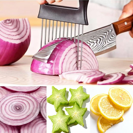 Onion Holder for Slicing - Stainless Steel Vegetable & Fruit Cutter Chopper for Onions,Potatoes, Tomatoes, Avocados, Eggs, Lemon &Meat - Kitchen Slicer Assistant with Neat Guide & Tenderizer.