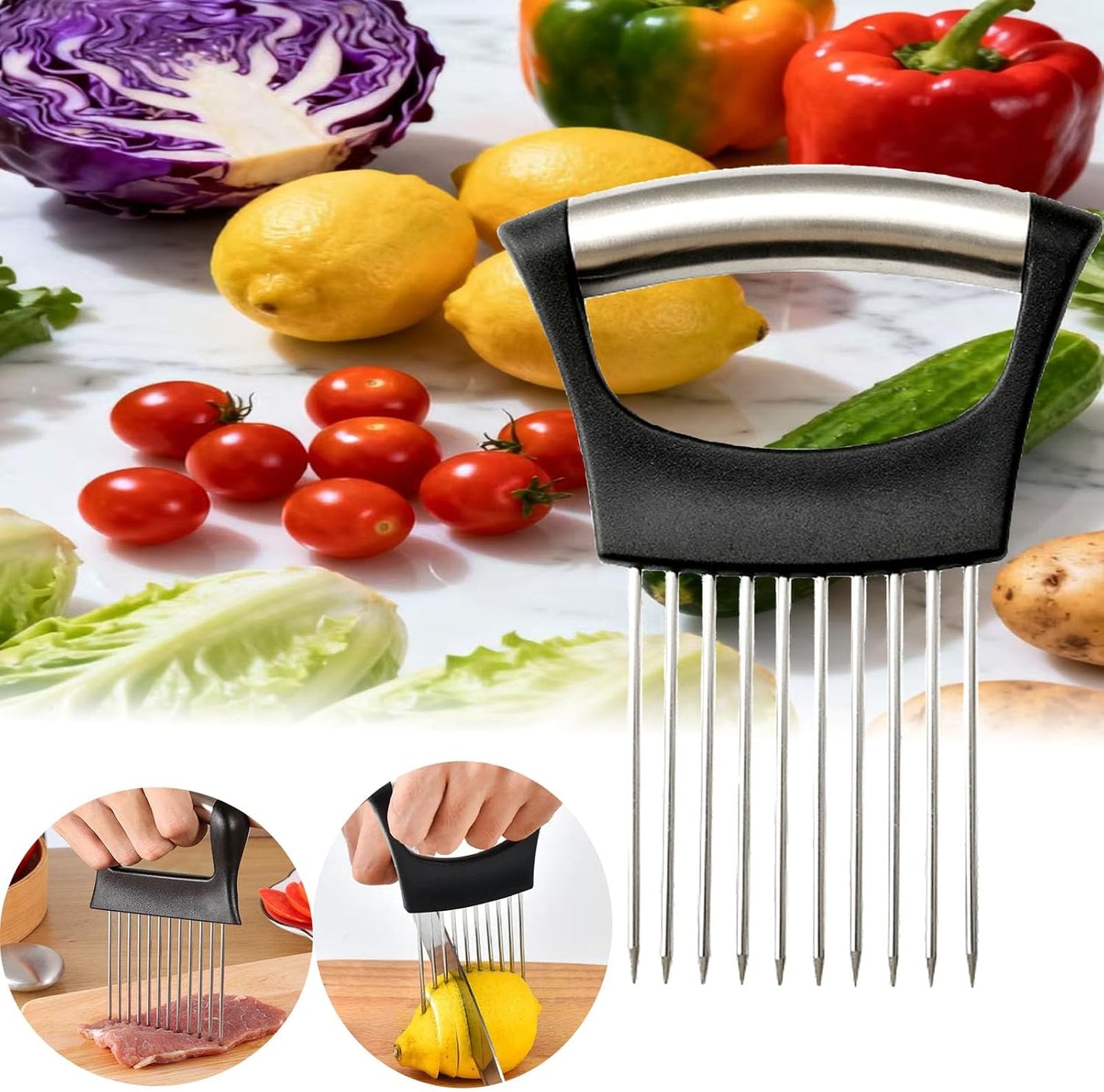 Onion Holder for Slicing - Stainless Steel Vegetable & Fruit Cutter Chopper for Onions,Potatoes, Tomatoes, Avocados, Eggs, Lemon &Meat - Kitchen Slicer Assistant with Neat Guide & Tenderizer.