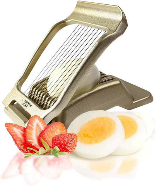 Good Grip Egg Slicer for Hard Boiled Eggs Heavy Duty Professional Large Aluminum Egg Slicer with Stainless Steel Wires Kitchen Aid Egg, Strawberry Slicer Hard Boiled Egg Cutter (Golden)