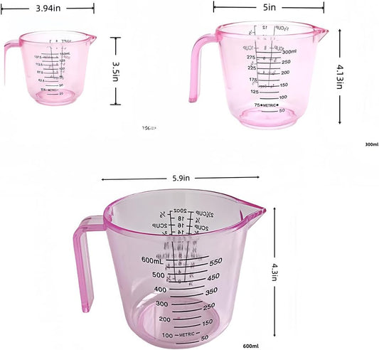 Pink Measuring Cups Set - 3pc 150ml/300ml/600ml | Liquid Measuring Cups for Baking & Cooking with Multiple Scales, with Handle and Triangle Mouth，Cute Pink Kitchen Accessories