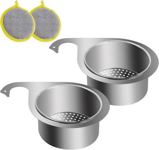 2 Pieces Stainless Steel Swan Sink Strainer Basket & 2 Double-Side Scrub Sponge, Side Corner Drain Basket, Faucet Hanging Filter Draining Basket for Kitchen Sink Fruit Vegetable Food Waste (2 Pieces)