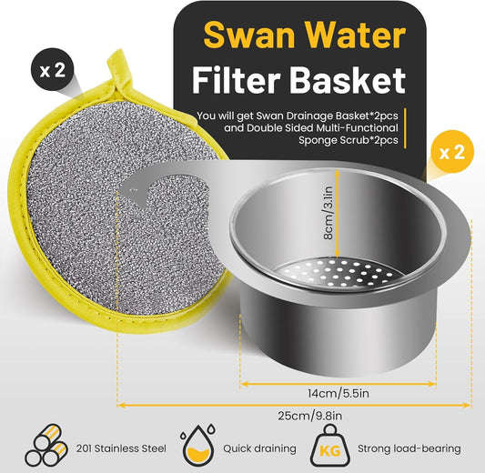 2 Pieces Stainless Steel Swan Sink Strainer Basket & 2 Double-Side Scrub Sponge, Side Corner Drain Basket, Faucet Hanging Filter Draining Basket for Kitchen Sink Fruit Vegetable Food Waste (2 Pieces)