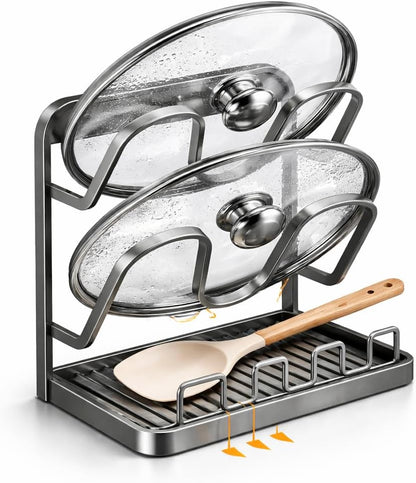 Kitchen Pot Lid Organizer, Extra-Wide Kitchen Pot Lid Storage Rack for Bigger Lids, Heavy-Duty Carbon Steel Frame with Reinforced ABS Base, Fits 30–32cm Lid (Gray)