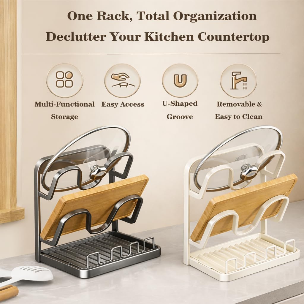 Kitchen Pot Lid Organizer, Extra-Wide Kitchen Pot Lid Storage Rack for Bigger Lids, Heavy-Duty Carbon Steel Frame with Reinforced ABS Base, Fits 30–32cm Lid (Gray)