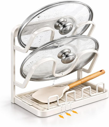 Kitchen Pot Lid Organizer, Extra-Wide Kitchen Pot Lid Storage Rack for Bigger Lids, Heavy-Duty Carbon Steel Frame with Reinforced ABS Base, Fits 30–32cm Lid (Gray)