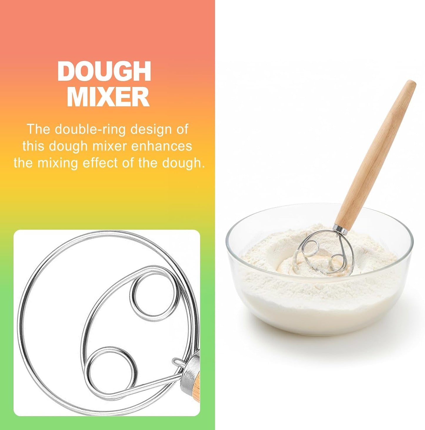 Danish Dough Whisk for Sourdough Bread - Premium Stainless Steel Hand Mixer Tool for Baking, Pizza, Pastry - Easy to Clean Dutch Style Dough Hook